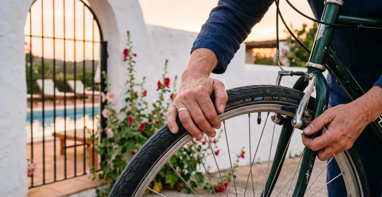 A woman checks a bicycle tire outside a whitewashed villa at sunset.
