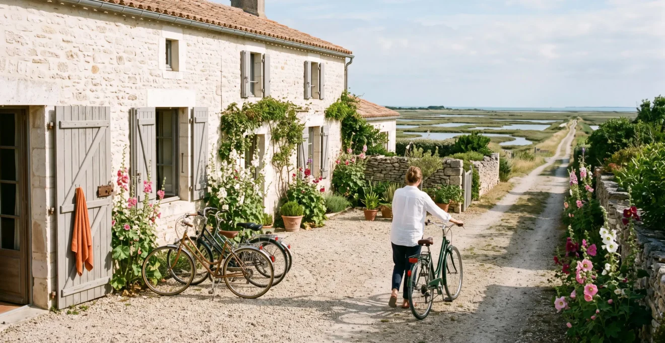 A woman pushes a bicycle in front of a stone villa on Île de Ré.