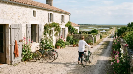 A woman pushes a bicycle in front of a stone villa on Île de Ré.